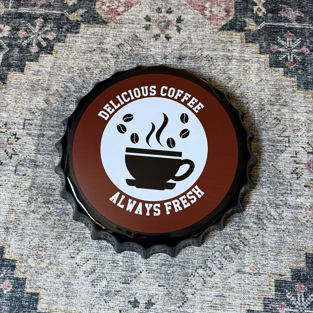 Giant ‘Delicious Coffee Always Fresh’ Metal Bottlecap Sign